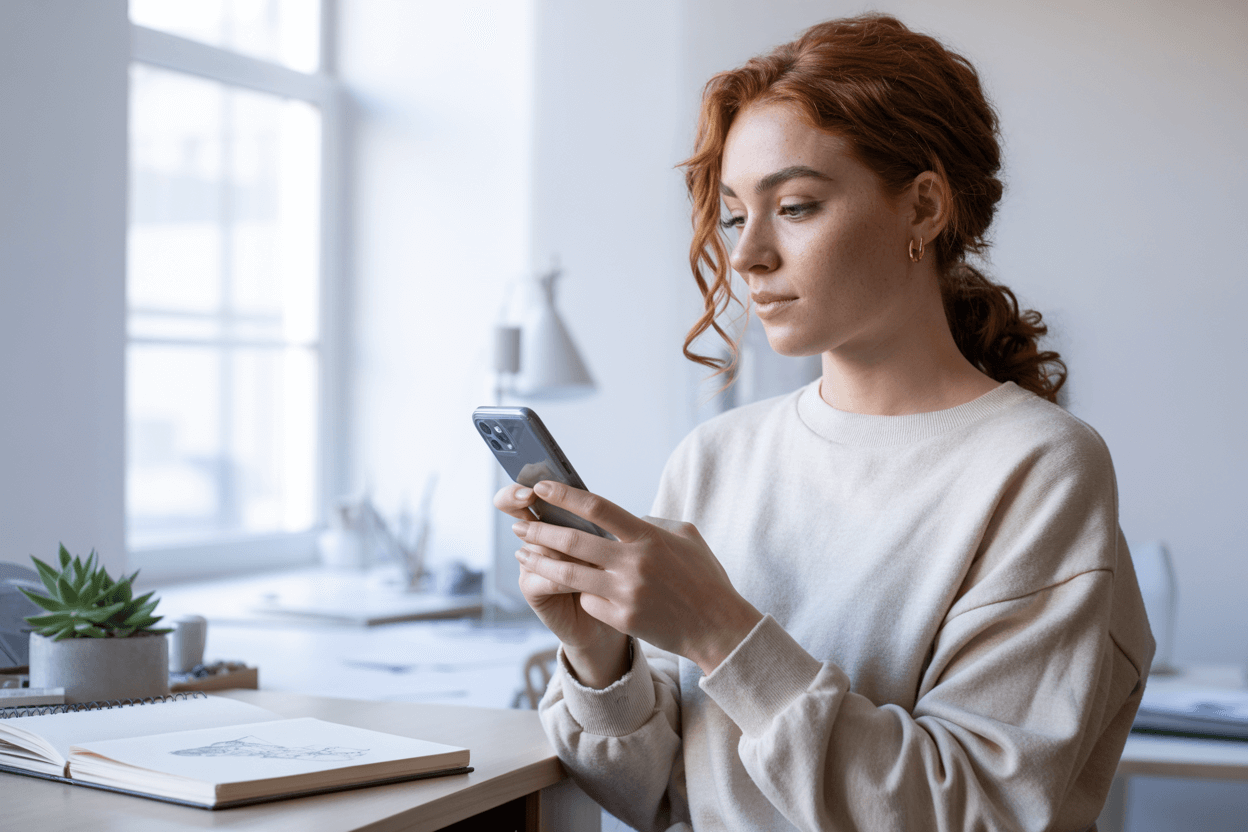 How to Use LinkedIn Effectively for Networking: A Complete Guide for Career Success 3 Woman looking at LinkedIn on her mobile phone using advanced LinkedIn networking hacks she has learnt, whilst at her creative studio.